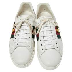 مملوكة مسبقًا Gucci White Leather Rooster Web Detail Ace Sneakers Size 45