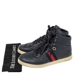 Pre Owned Gucci Navy Blue Guccissima Leather Web Detail High Top Sneakers Size 42