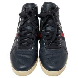 Pre Owned Gucci Navy Blue Guccissima Leather Web Detail High Top Sneakers Size 42