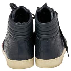 Pre Owned Gucci Navy Blue Guccissima Leather Web Detail High Top Sneakers Size 42