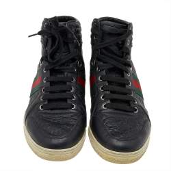 مملوكة مسبقًا حذاء رياضي غوتشي جلد غوتشيسيما أسود نمط ويب عنق مرتفع مقاس 40.5