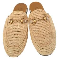 Pre Owned Gucci Beige Raffia Princetown Horsebit Mule Sandals Size 40