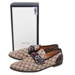 Gucci Brown/Beige GG Canvas And Leather Horsebit Web Slip On Loafers Size 44.5