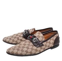 Gucci Brown/Beige GG Canvas And Leather Horsebit Web Slip On Loafers Size 44.5
