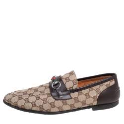 Gucci Brown/Beige GG Canvas And Leather Horsebit Web Slip On Loafers Size 44.5