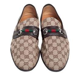 Gucci Brown/Beige GG Canvas And Leather Horsebit Web Slip On Loafers Size 44.5