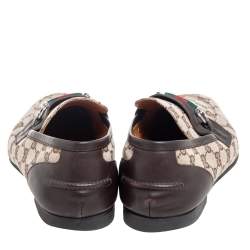 Gucci Brown/Beige GG Canvas And Leather Horsebit Web Slip On Loafers Size 44.5