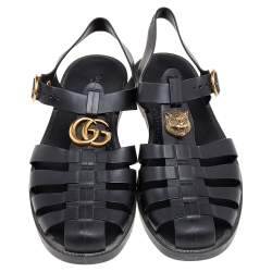 Pre Owned صندل غوتشي سير إبزيم مزخرف نمر ومارمونت جي جي مطاط أسود مقاس 42