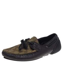 Gucci Beige/Brown GG Coated Canvas And Leather Toggle Cord Loafers Size 41.5
