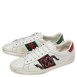 Gucci White Leather Ace Embroidered Snake Low Top Sneakers Size 44