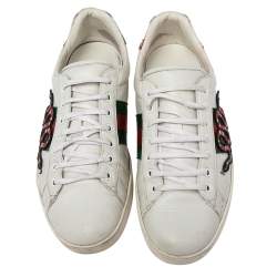 Gucci White Leather Ace Embroidered Snake Low Top Sneakers Size 44