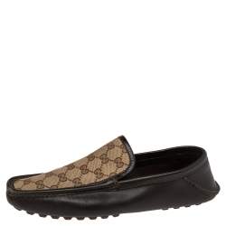 Pre Owned حذاء لوفرز غوتشي سليب أون جلد وكانفاس جي جي بيج/بني مقاس 42.5