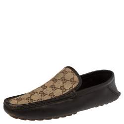 Pre Owned حذاء لوفرز غوتشي سليب أون جلد وكانفاس جي جي بيج/بني مقاس 42.5