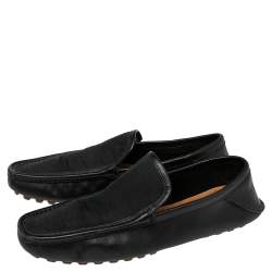 Pre Owned Gucci Blue/Black Leather and GG Canvas Slip On Loafers Size 42.5