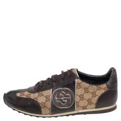 مملوكة مسبقًا Gucci Brown/Beige GG Canvas and Leather Interlocking G Sneakers Size 43.5