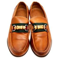 Gucci Brown Leather Bamboo Horsebit Slip On Loafers Size 41