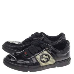 Gucci Black Patent Leather Interlocking G Hologram Logo Low Top Sneakers Size 41