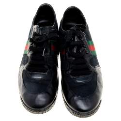 مملوكة مسبقًا حذاء رياضي غوتشي كانفاس GG وجلد أسود ويب عنق منخفض مقاس 45 