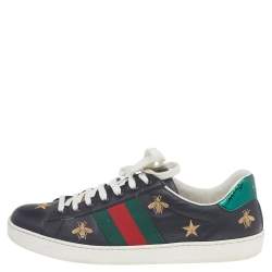 Pre Owned Gucci Black Bee & Star Embroidered Leather Ace Low Top Sneakers Size 41.5