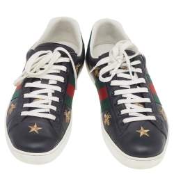Pre Owned Gucci Black Bee & Star Embroidered Leather Ace Low Top Sneakers Size 41.5