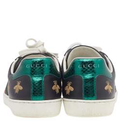 Pre Owned Gucci Black Bee & Star Embroidered Leather Ace Low Top Sneakers Size 41.5