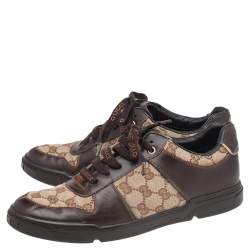 Pre Owned Gucci Beige-Brown GG Canvas And Leather Low Top Sneakers Size 42
