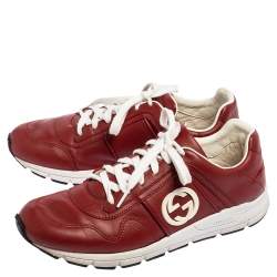 Pre Owned Gucci Maroon Leather Interlcoking G Logo Low Top Sneakers Size 39