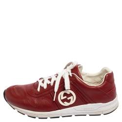 Pre Owned Gucci Maroon Leather Interlcoking G Logo Low Top Sneakers Size 39