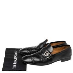 Pre Owned Gucci Black Leather GG Logo Slip On Loafers Size 45.5