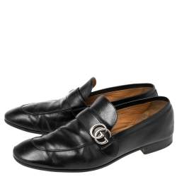 Pre Owned Gucci Black Leather GG Logo Slip On Loafers Size 45.5