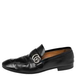 Pre Owned Gucci Black Leather GG Logo Slip On Loafers Size 45.5