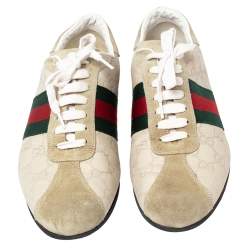 مملوكة مسبقًا Gucci White Guccissima Leather And Suede Web Detail Sneakers Size 41