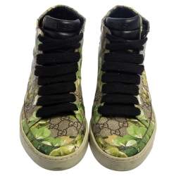 مملوكة مسبقًا Gucci Green/Beige GG Supreme Bloom Canvas Lace Up High Top Sneakers Size 40