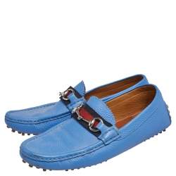 Gucci Blue  Leather Horsbit Web Trim Loafers Size 40