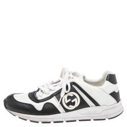 Pre Owned حذاء رياضي غوتشي جلد أبيض-أسود مزين شعار الماركة جي جي متداخل رباط مقاس 39