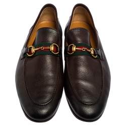 Pre Owned Gucci Dark Brown Leather Web Horsebit Loafers Size 42.5