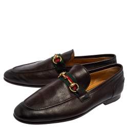 Pre Owned Gucci Dark Brown Leather Web Horsebit Loafers Size 42.5
