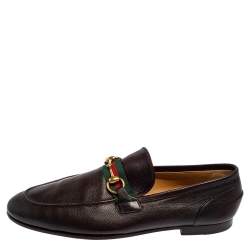 Pre Owned Gucci Dark Brown Leather Web Horsebit Loafers Size 42.5