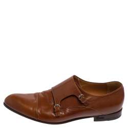 Gucci Brown Leather Double Buckle Monk Strap Derby Size 41