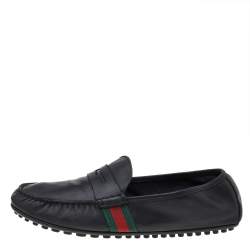 Gucci Black Leather Web Detail Slip on Loafers Size 43.5