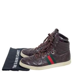 Pre Owned Gucci Brown Guccissima Leather Web Detail High Top Sneakers Size 42.5