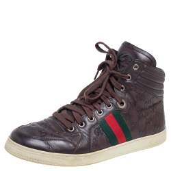 Pre Owned Gucci Brown Guccissima Leather Web Detail High Top Sneakers Size 42.5