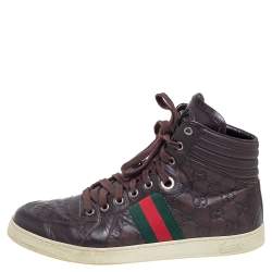 Pre Owned Gucci Brown Guccissima Leather Web Detail High Top Sneakers Size 42.5