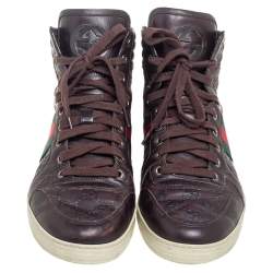 Pre Owned Gucci Brown Guccissima Leather Web Detail High Top Sneakers Size 42.5