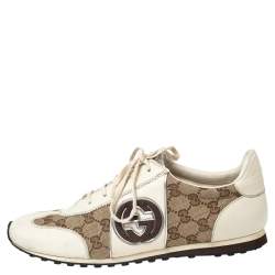 Pre Owned Gucci Cream GG Canvas and Leather Low Top Sneakers Size 43.5