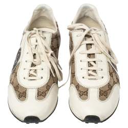 Pre Owned Gucci Cream GG Canvas and Leather Low Top Sneakers Size 43.5