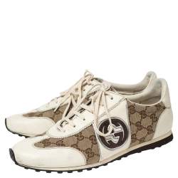 Pre Owned Gucci Cream GG Canvas and Leather Low Top Sneakers Size 43.5