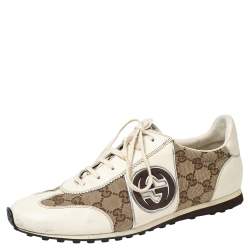 Pre Owned Gucci Cream GG Canvas and Leather Low Top Sneakers Size 43.5