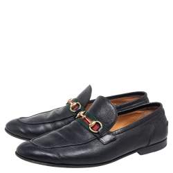 Pre Owned Gucci Black Leather Web Horsebit Loafers Size 44