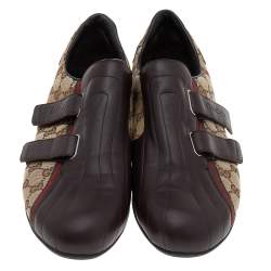 Pre Owned Gucci Brown/Beige GG Canvas And Leather Velcro Low Top Sneakers Size 44